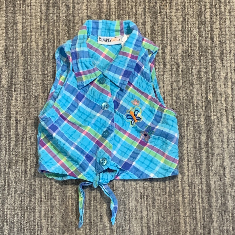 Vintage 90s Simply Basic Girls Size 6 Plaid Tie Front‎ Top Sleeveless Butterfly